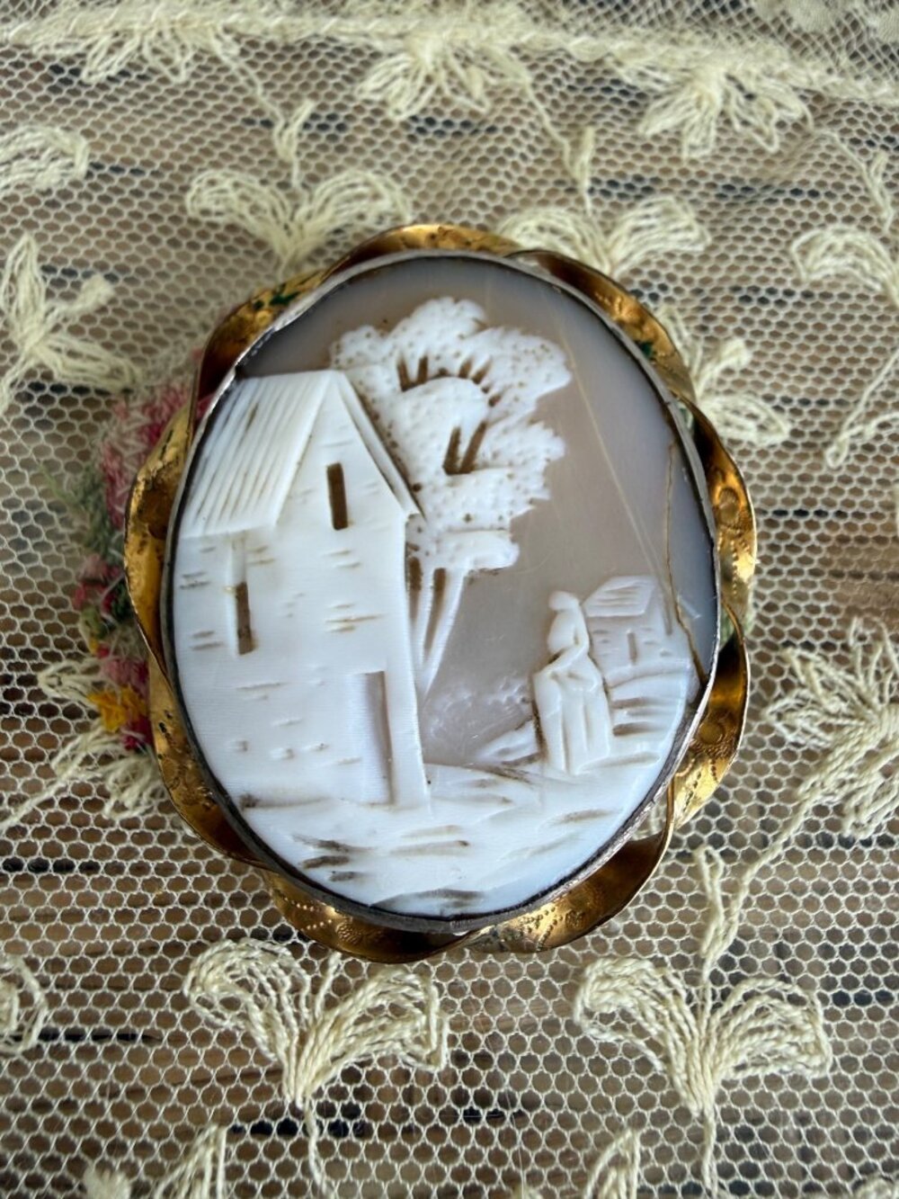 Antique 1910s Carved Shell Cameo Brooch Landscape Home Scene Repaired Crack